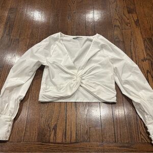 Abercrombie & Fitch White Knot-Front Long Sleeve Blouse